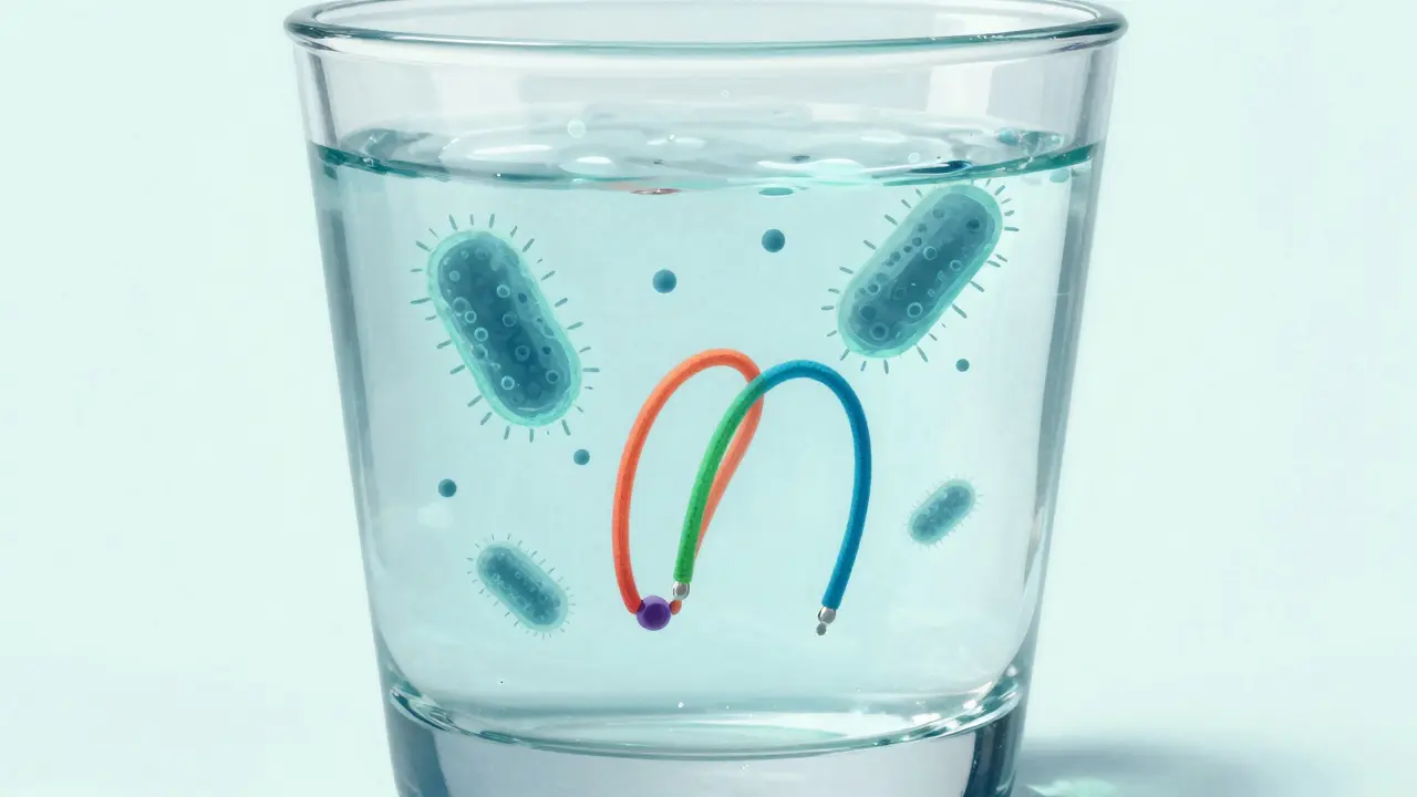 Barvené gumičky v vodě s viditelnými bakteriemi a plakem.