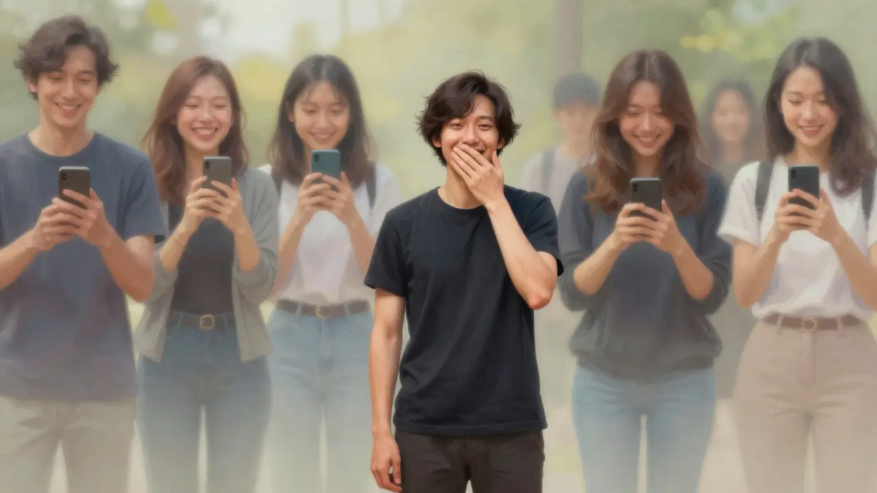 Člověk se směje přímo do kamery, za ním se vynořují stíny jeho minulého sebevědomí.