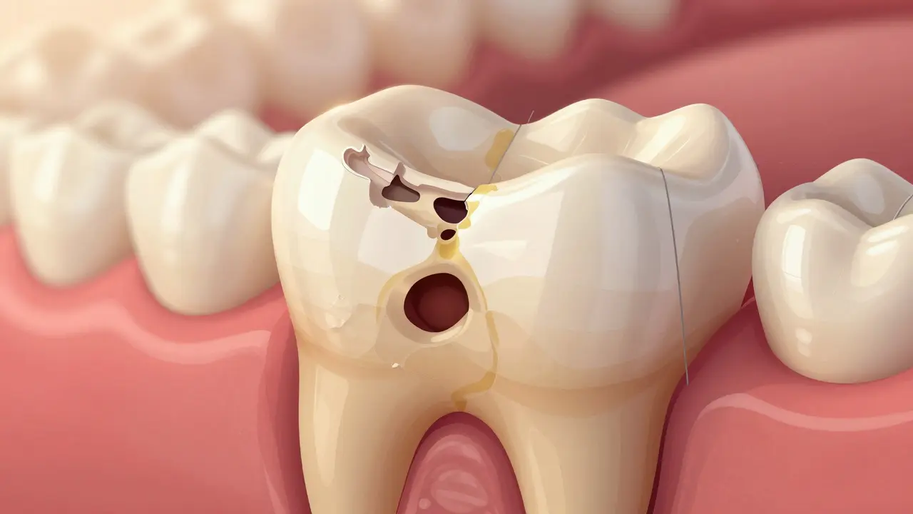 Cross-section of a tooth showing enamel erosion and cavities from acid damage under braces.