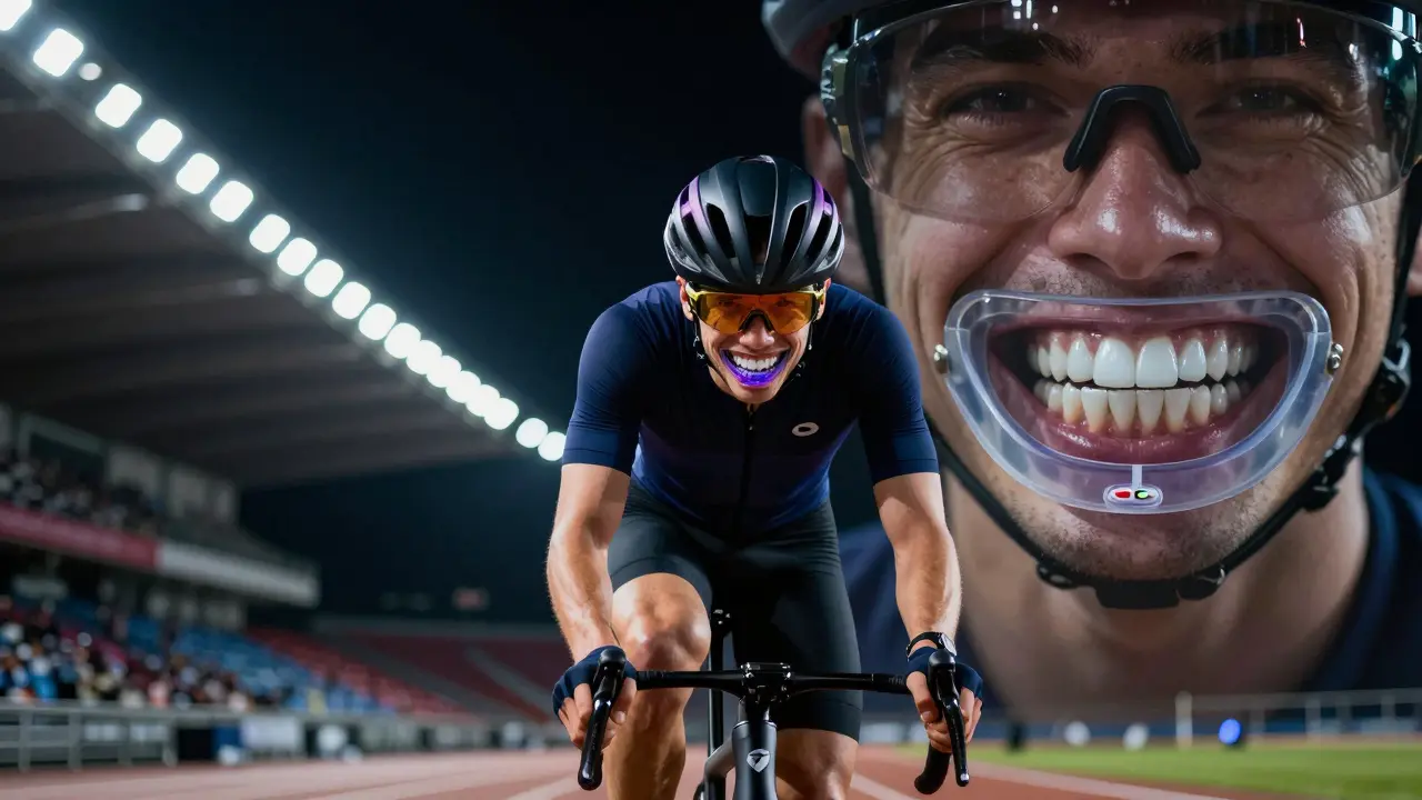 Cyklista s bílými zubními vložkami a ochranným ústním štítem.