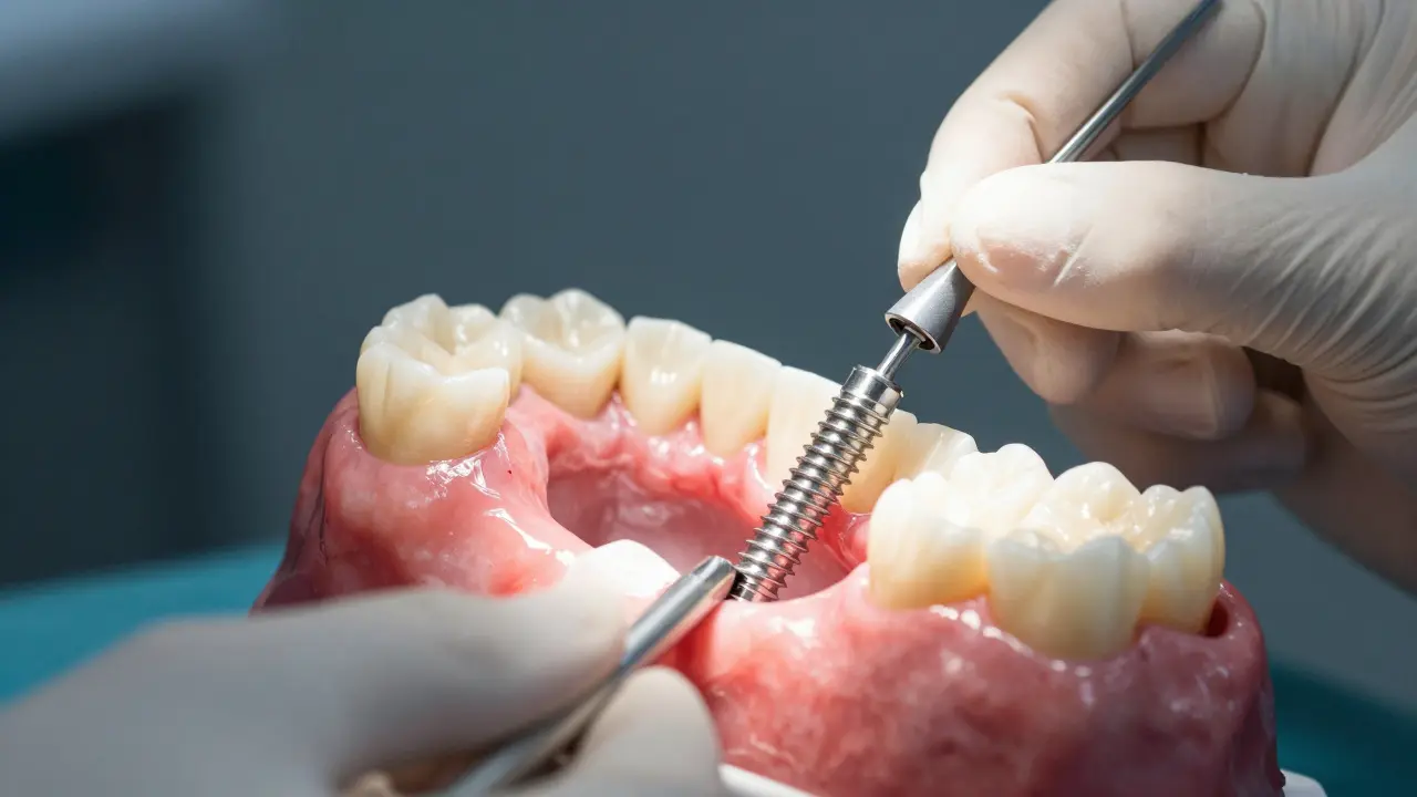 Dentista provádí implantaci zubu do čelisti během chirurgického zákroku