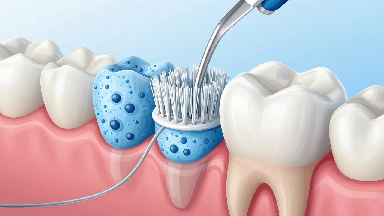 Detailní ilustrace štětin Curaprox kartáčku čistících mezery mezi zuby.