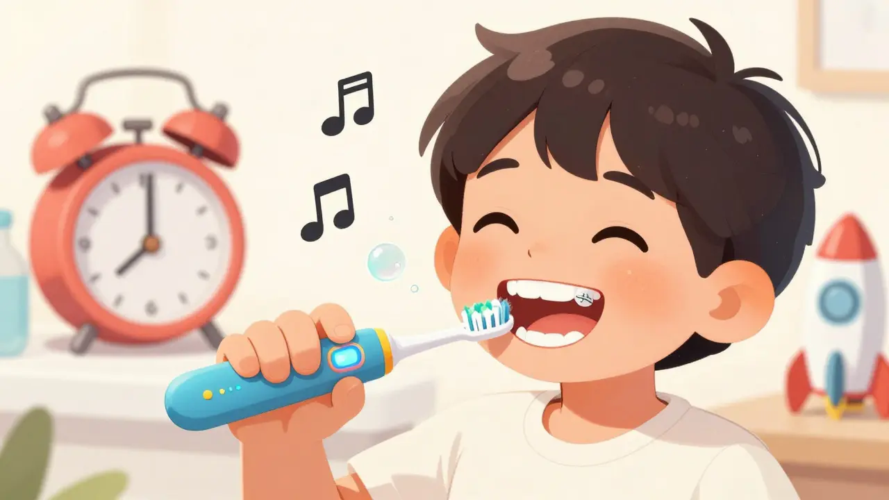 Dítě se směje, zatímco čistí zuby sonickým kartáčkem s hračkovitým designem a hudbou, zuby i brášky jsou čisté.