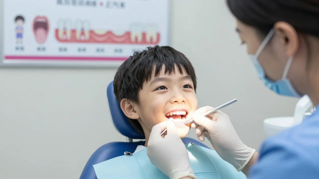 Dítě si nechává prohlédnout zuby u dětského zubaře s viditelným zbarvením.