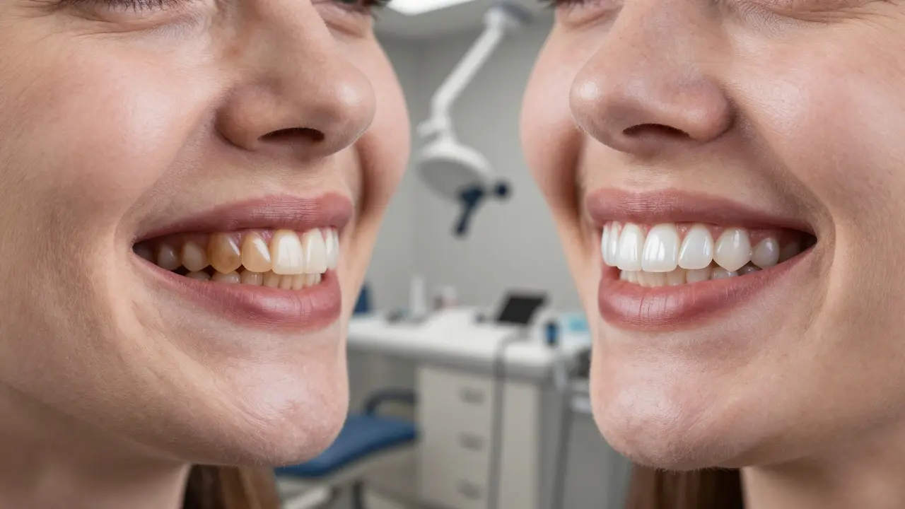 Dva dospělí s různým vzhledem zubů: jeden s tetracyklinovým zbarvením, druhý s porcelánovými vložkami.