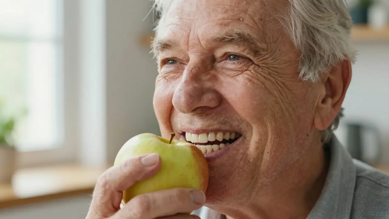 Elderly patient smiling while eating an apple, showing natural-looking dental implant-supported tooth.