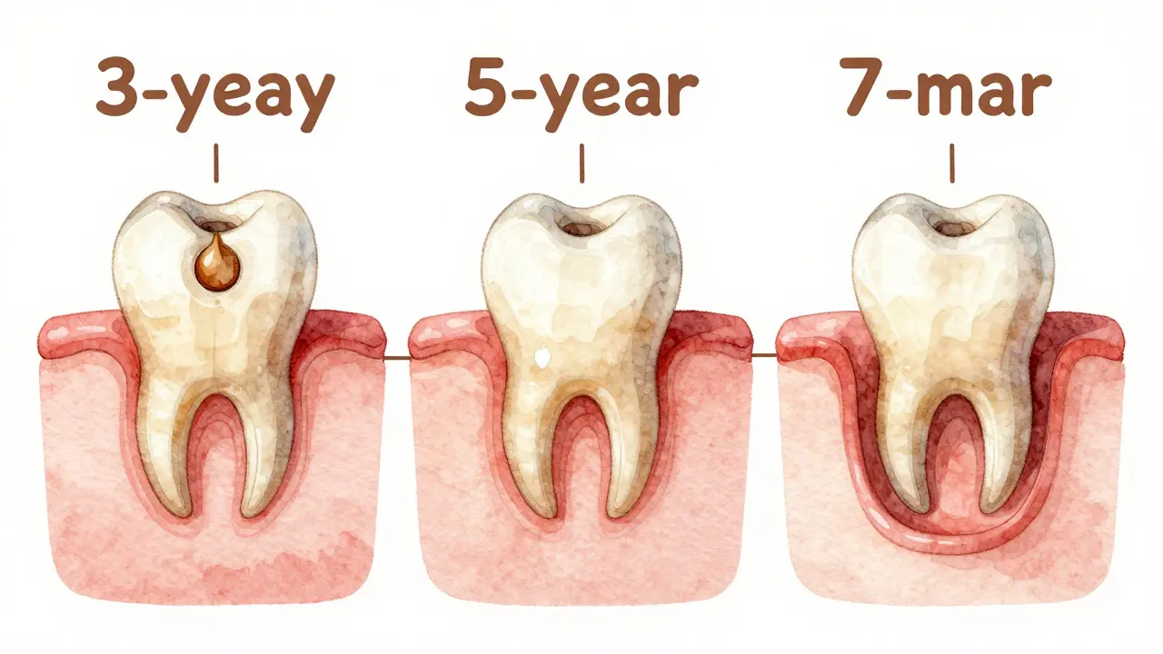 Ilustrace vývoje prvního trvalého zubu od zárodku až k úplnému vyrůstání.