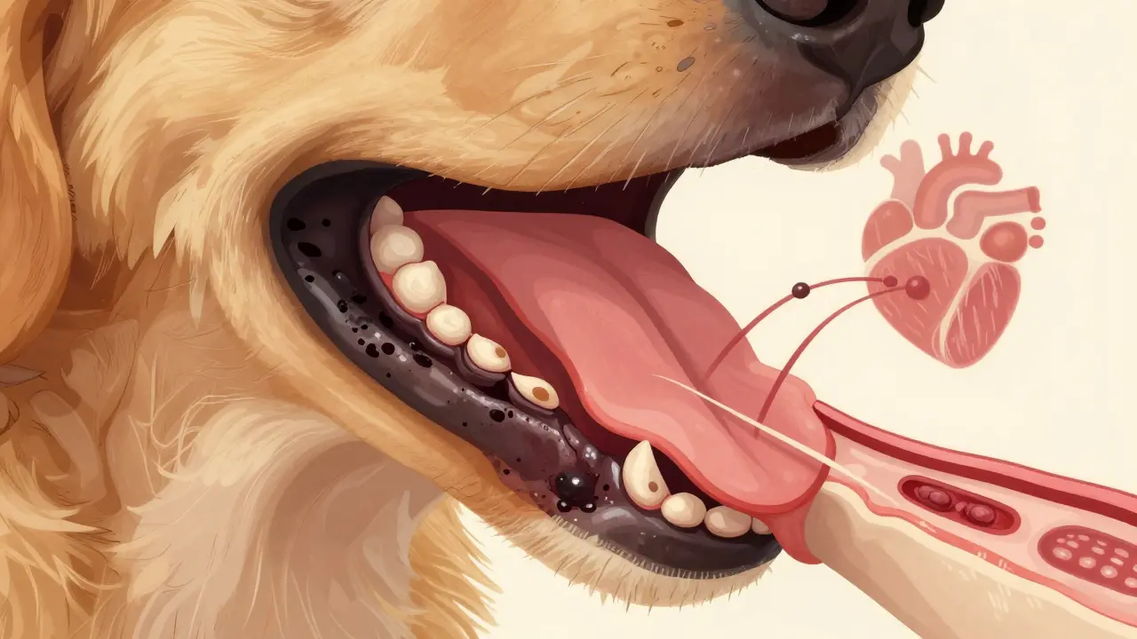 Křížový řez psího ústního ústrojí ukazující, jak plak přeměňuje v zubní kámen a bakterie pronikají do srdce.