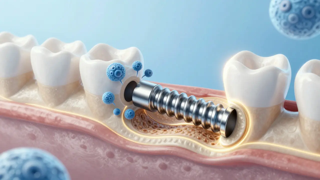 Microscopic view of bone tissue fusing with a titanium dental implant, symbolizing biological integration.