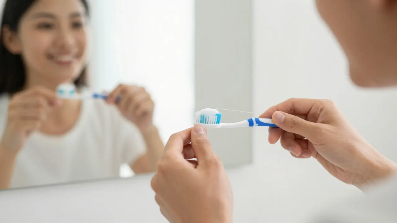 Osoba čistí zuby zubní pastou a nití po léčbě kazu.