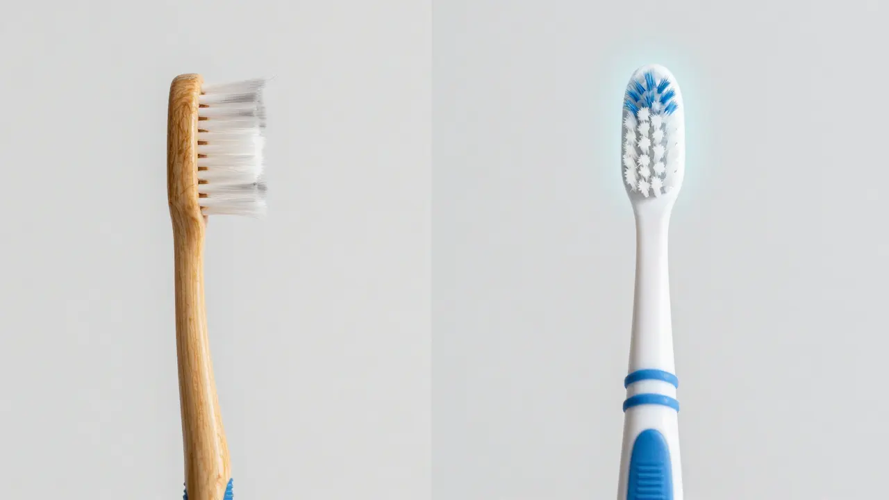 Porovnání starého kartáčku s poškozenými štětci a nového Curaprox s celistvými štětci pro účinnější čištění.