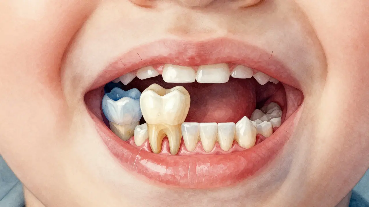 Přehled vývoje mléčných a trvalých zubů v ústech dítěte.