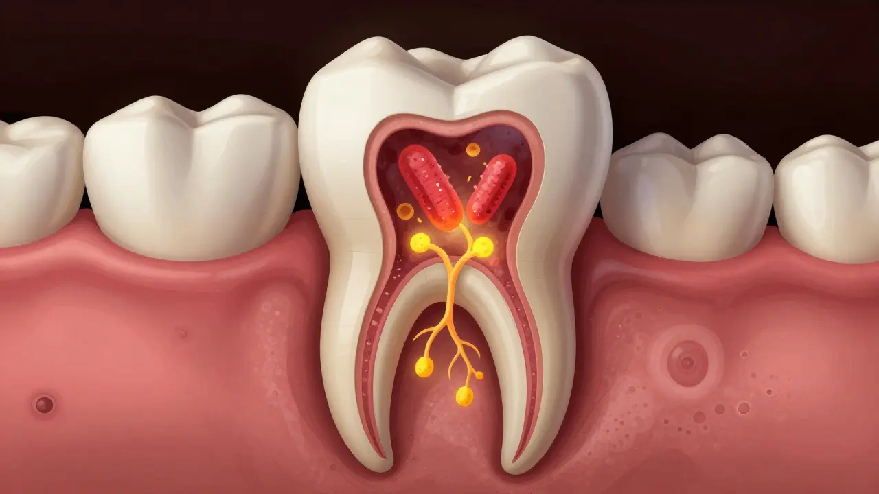 Příčný řez předního zubu s infekcí v pulpě a šířením bakterií do čelisti, symbolizující skrytou infekci.
