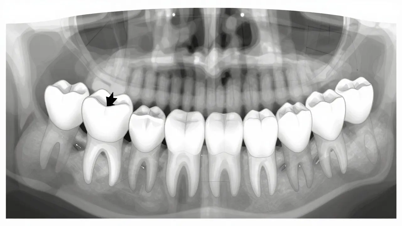 Schematický pohled na pozici prvního trvalého moláru za mléčnými zuby.