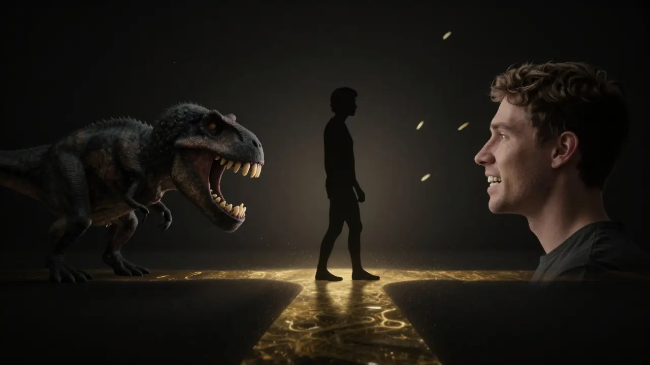 Silhouetted person between ancient and modern jaw evolution timelines.