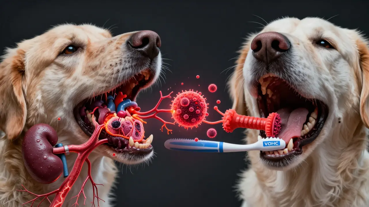 Srovnání infikovaných zubů s šířením bakterií do orgánů a zdravých zubů s prevencí.