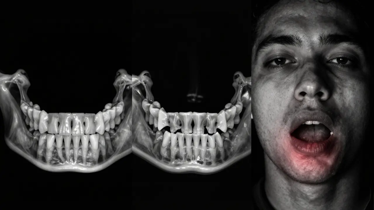 Srovnání zdravé čelisti s postupnou ztrátou kosti a změnou tváře po deseti letech.