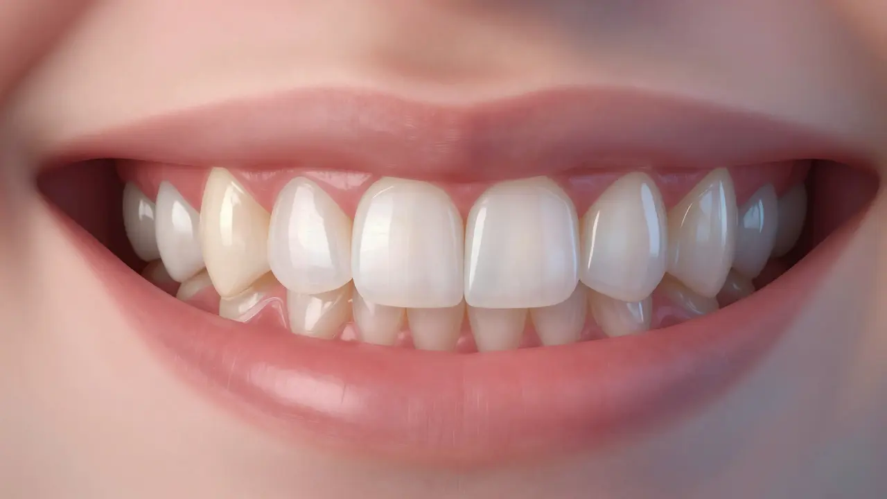 Three front teeth showing different restorations: composite, crown, and veneer.