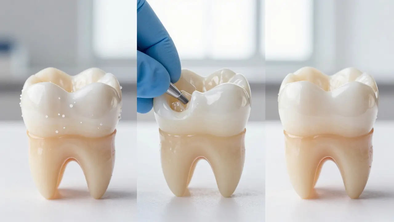 Three stages of tooth restoration: damaged, being repaired, and fully restored with composite material.