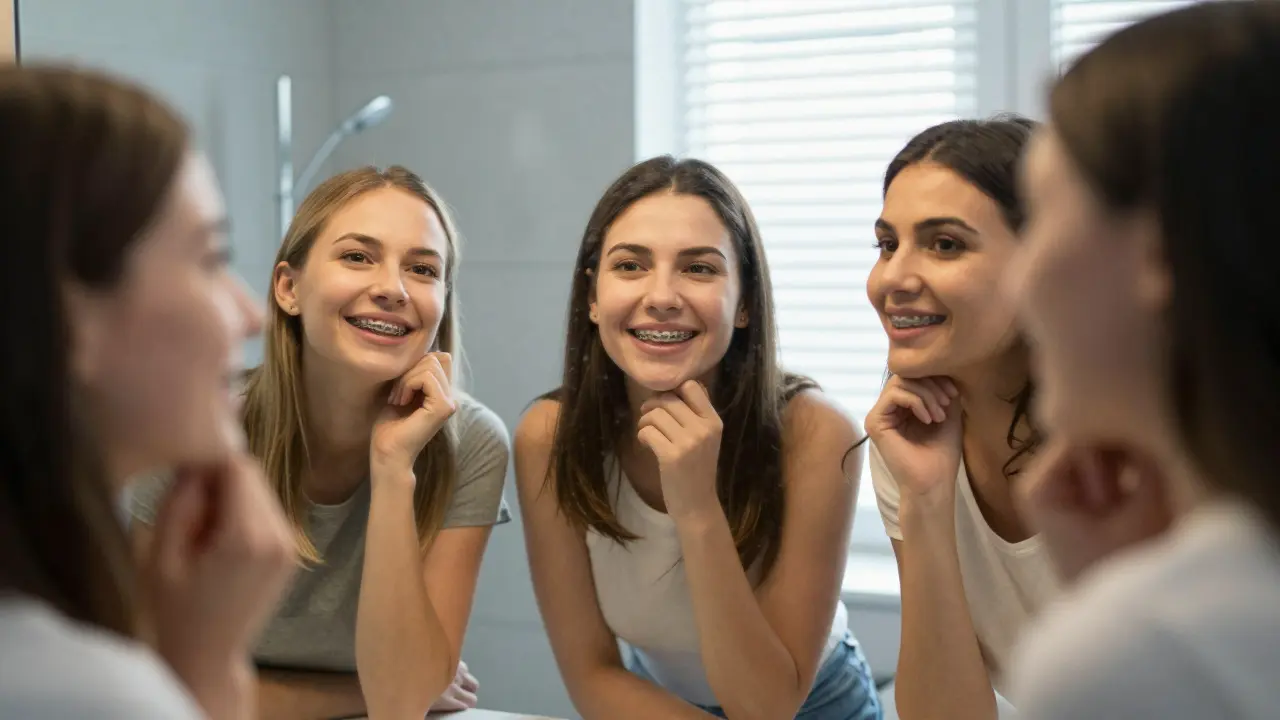 Tři dospělí lidé se dívají do zrcadla s potichem hrdostí, vidíme jejich ortodontické přístroje.