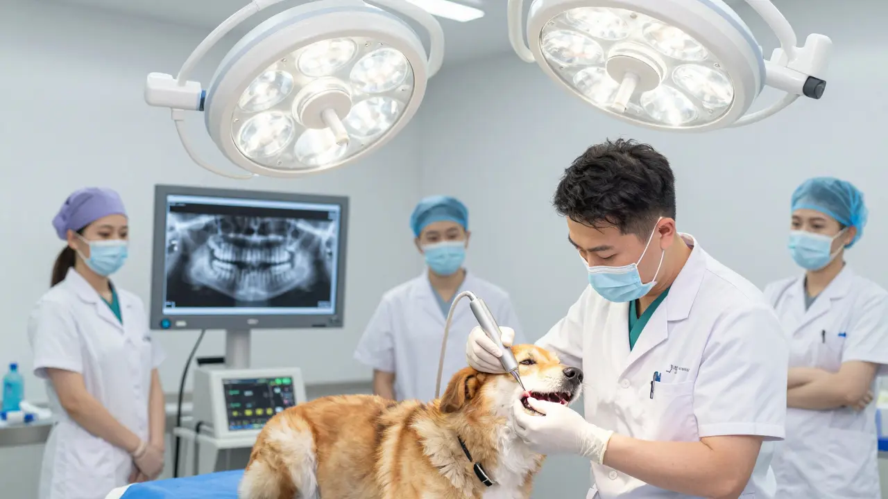 Veterinář čistí psu zuby pod anestézií pomocí ultrazvukového zařízení.