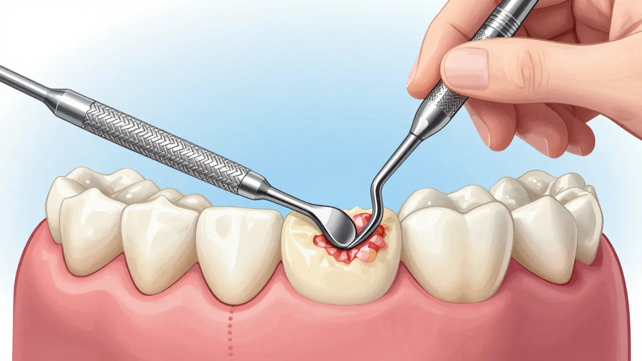 Zubní hygienistka odstraňuje zubní kámen ze zubu pomocí skalpela