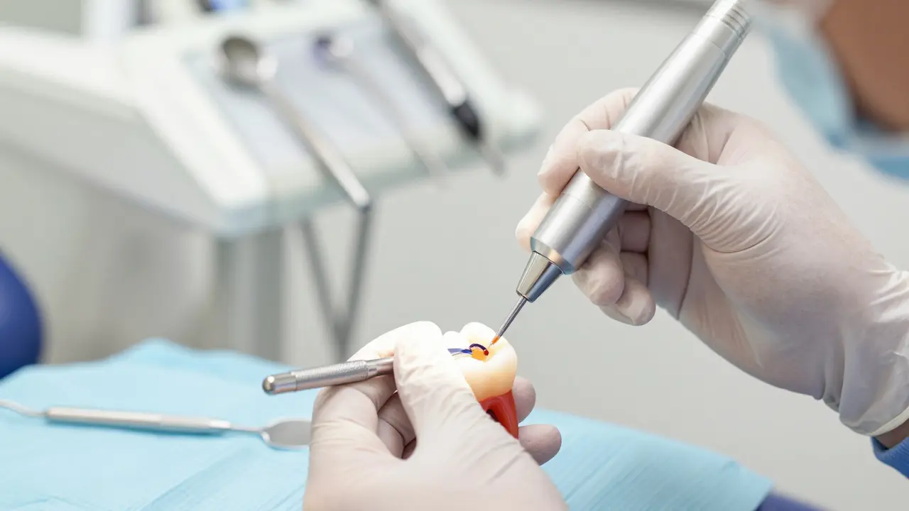 Zubní lékař aplikuje kompozitní plombu pomocí UV světla.