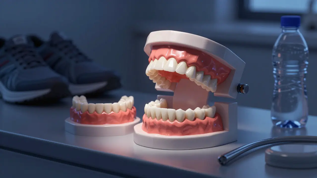 Zubní lékařský model s třemi typy náprav pro tetracyklinové zuby.