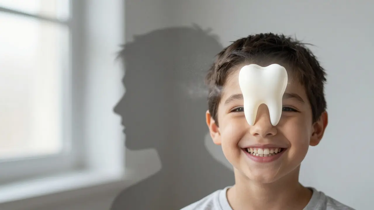 A child smiling with healthy teeth as a decayed tooth fades away, symbolizing prevention of cavities.