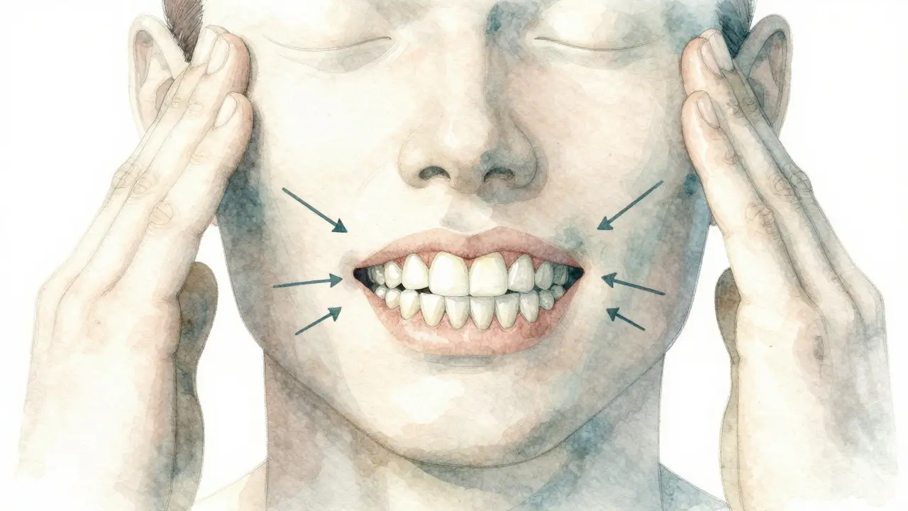 Anatomická ilustrace čelisti s vyznačeným předkusem a tlakovými body vedoucími k bolesti hlavy a dásní.