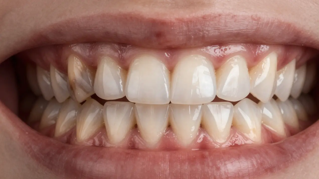 Before and after comparison of tetracycline-stained teeth with natural-looking ceramic veneers.