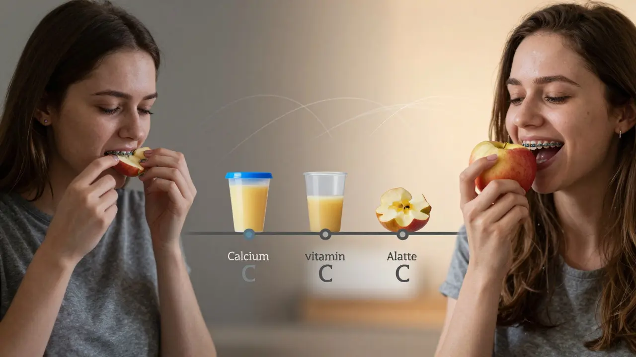 Časová osa ukazující přechod od omezené stravy k vyváženému jídelníčku během nošení rovnátek.