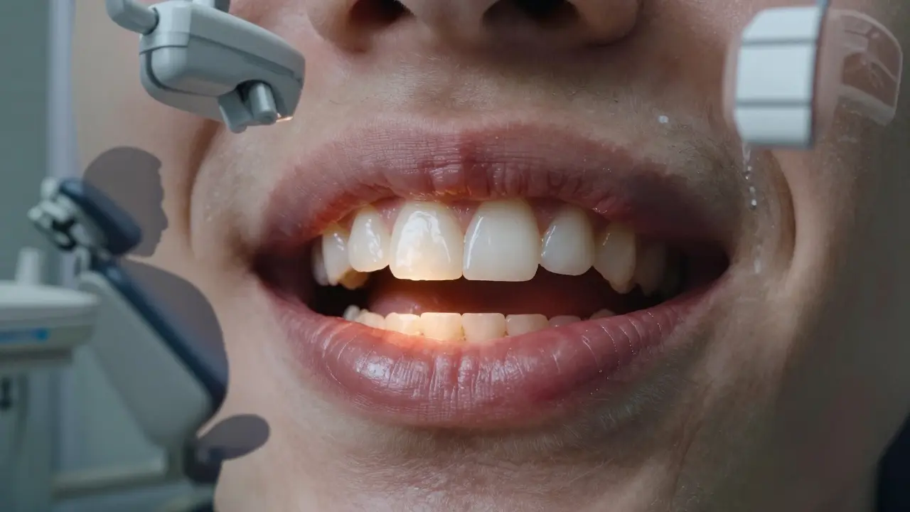 Částečně poškozený přední zub v úsměvu, za ním stín zubního křesla.