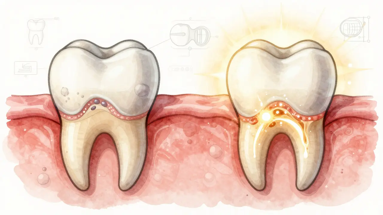 Cross-section of a tooth showing demineralized enamel transforming into re-mineralized, healthy enamel under fluoride treatment.