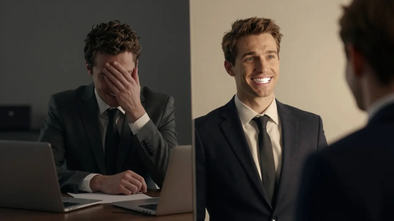 Dvě části obrázku: muž skrývající úsměv v kanceláři a stejný muž s novým úsměvem v zrcadle s retentorem.