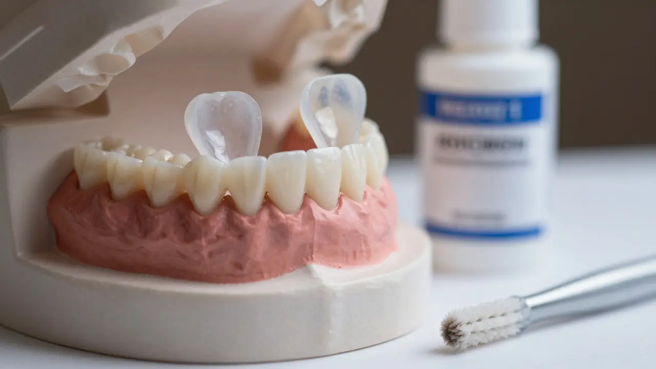 Dvě kvalitní zubní vložky na modelu zubů s detaily materiálu a lepidla.