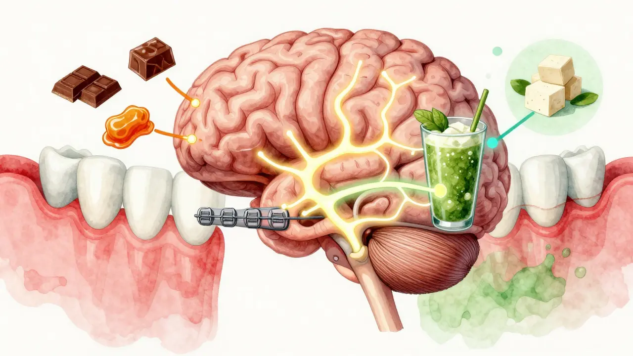 Ilustrace mozku spojeného s ústy s rovnátky, kde sladké potraviny a zdravé potraviny vyvolávají různé reakce.