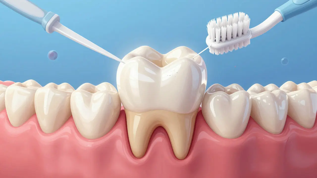 Keramická korunka chránící zub při pečlivé ústní hygieně, s nástroji pro čištění v pozadí.