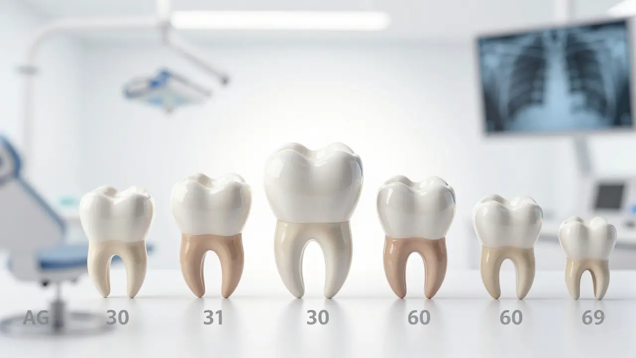 Keramická korunka přežívající desítky let, s časovou osou od 30 do 60 let.