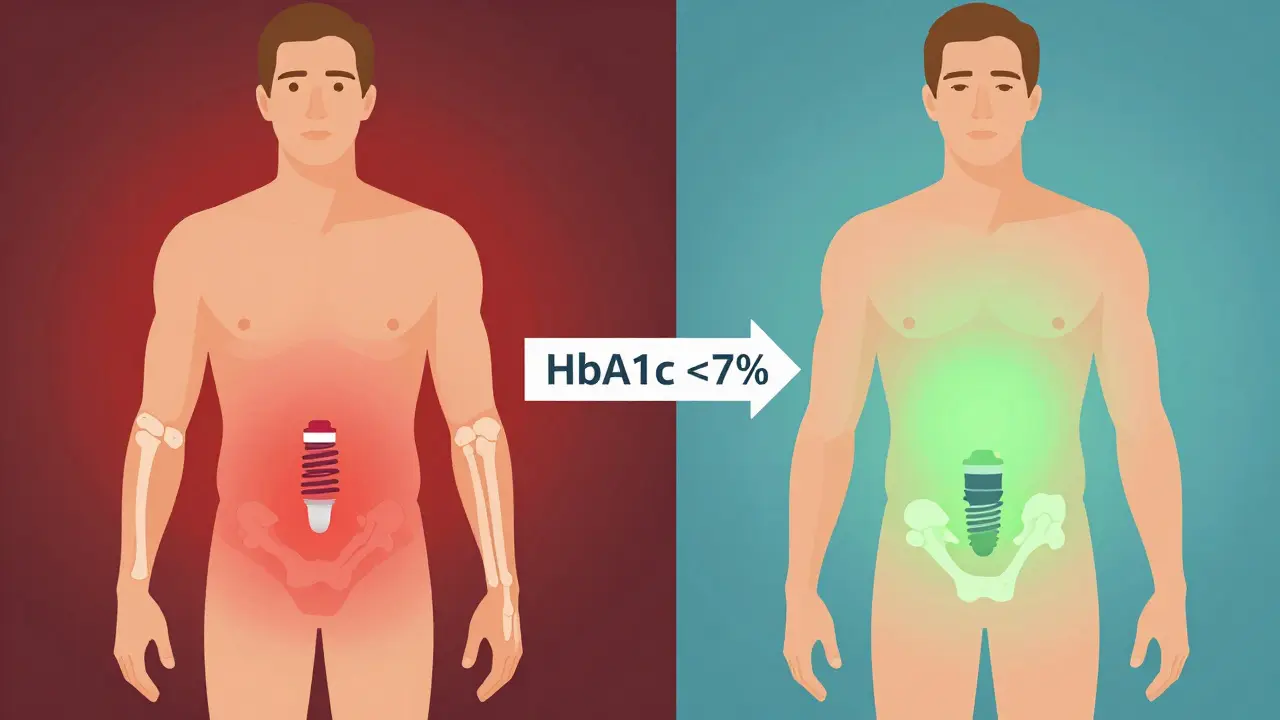 Kontrast mezi selháním implantátu u nekontrolované cukrovky a úspěšným hojením po léčbě.