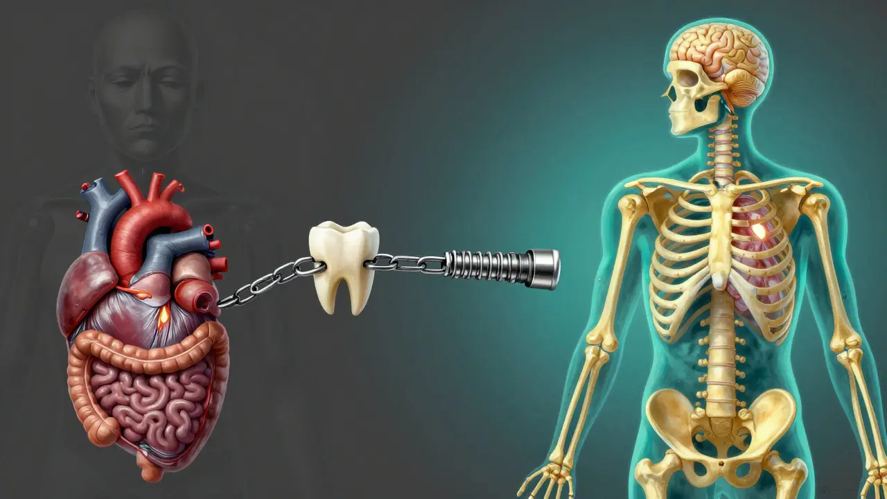 Láme se řetěz negativních účinků ztráty zubu, nahrazený zdravým tělem s implantátem jako spojnicí.