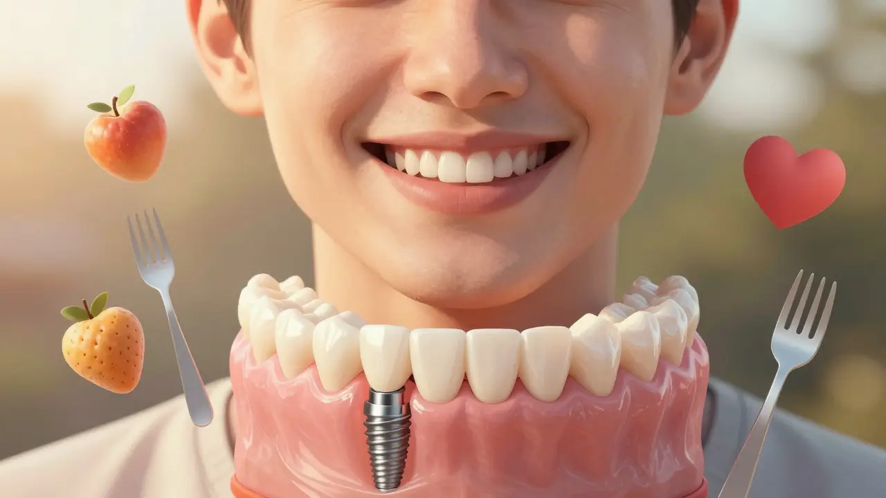 Osoba se zcela obnoveným obličejem a transparentním zobrazením zubního implantátu pod kůží.