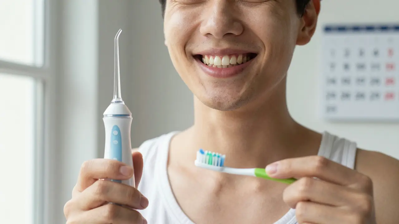 Pacient po úspěšné kyretáži s healthy dásněmi drží vodní čistič a jemný zubní kartáček.