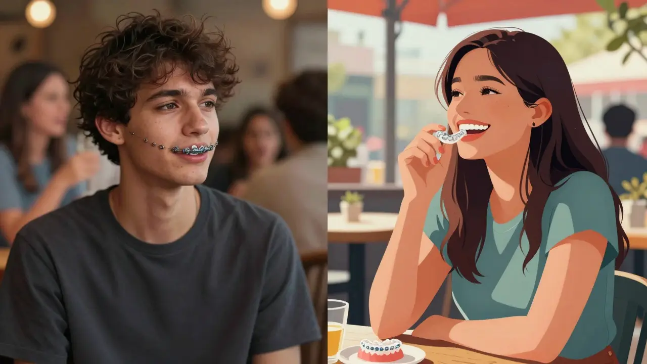 Porovnání dvou stavů: staré kovové rovnátka vs. moderní neviditelná rovnátka v sociální situaci.