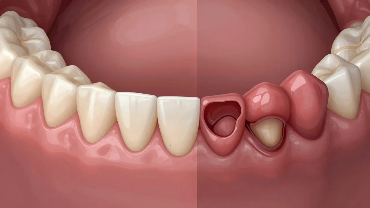 Porovnání zdravé a zánětlivé dásně: na jedné straně pevné, růžové dásně, na druhé otoklé a červené s kalcifikací.