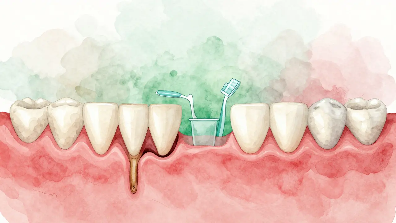 Přechod od poškozených k zdravým dásním při pravidelné péči.