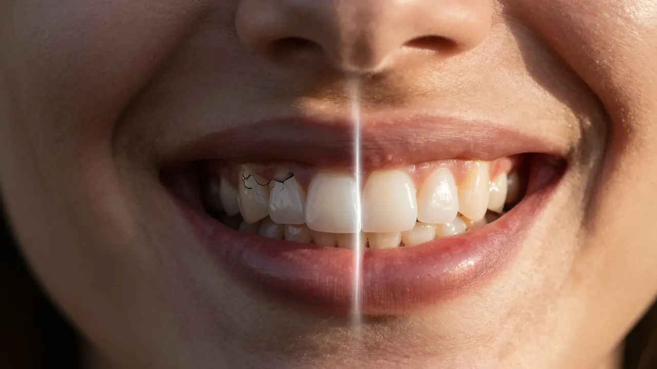 Přechod od poškozených zubů k přirozenému úsměvu s nalepovacími zuby.