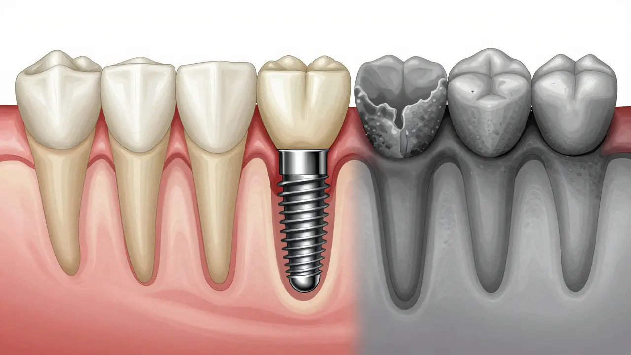 Příčný řez čelisti s implantátem v kosti, zdravá kost v teplých tonech a zánět v chladných odstínech.