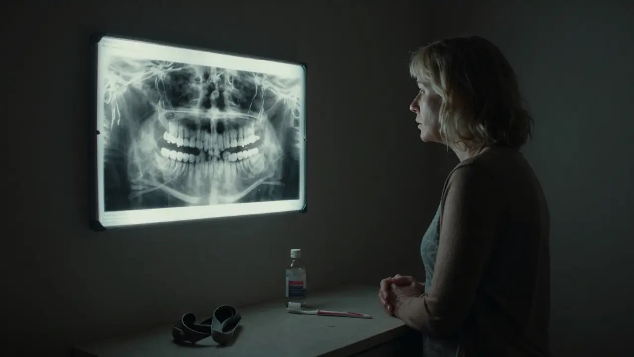 Rentgenový snímek zubů na zdi s ochrannou stěrkou a zubní kartáčkem — symbolický obraz důsledků zapomenutého předkusu.