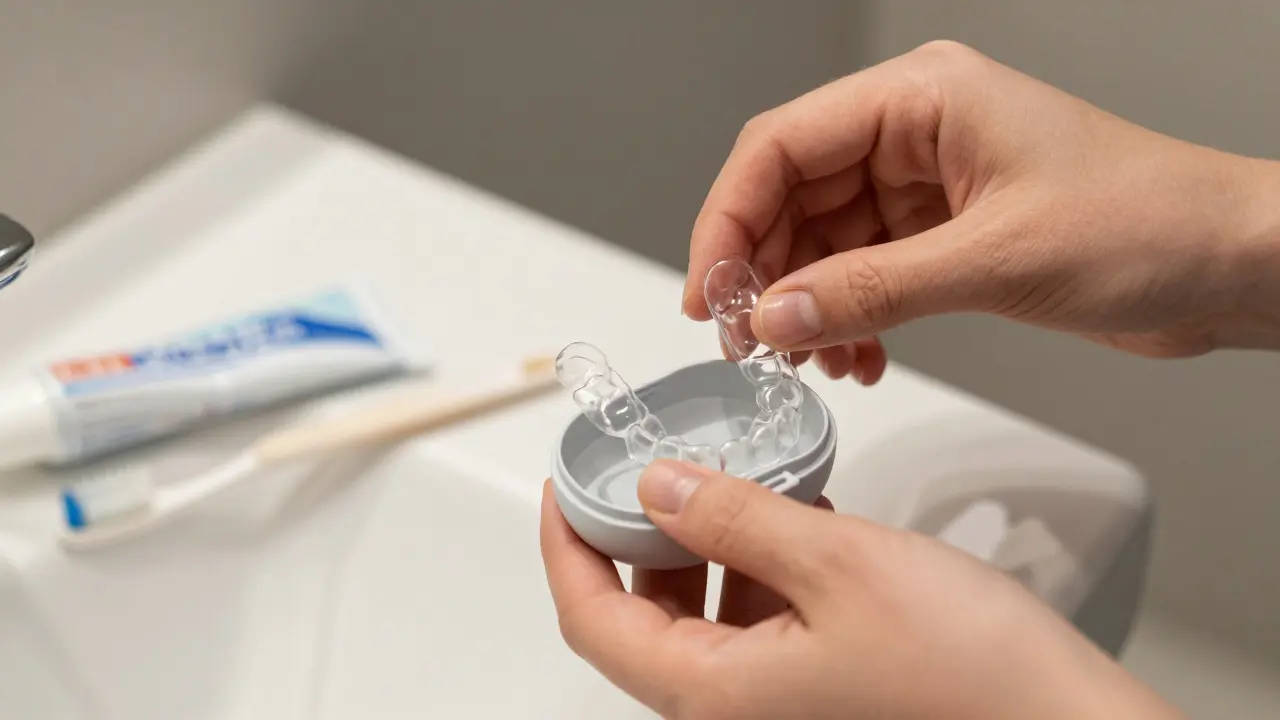 Ruce sundávají průhledná zubní rovnátka z přenosného případu vedle kartáčku a pasty.